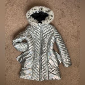 Catimini Girls Fur Lined Long Winter Jacket Hood Faux Fur Trim Sz 10